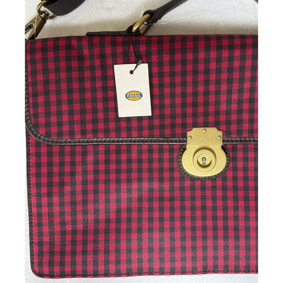 New FOSSIL Canvas Messenger Laptop Travel Business Bag Red Black Gingham Check - Picture 3 of 6
